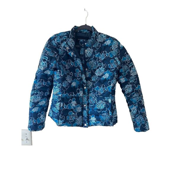 Lands End  Down Puffer Jacket Women Size XS 2-4 Blue Floral Warm Winter Coat - Picture 1 of 6